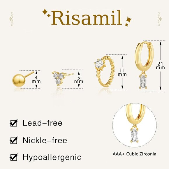 Women Trendy 14k Gold Hoop Earrings Cartilage Earring Set Cubic Zirconia Hoops - Picture 3 of 8